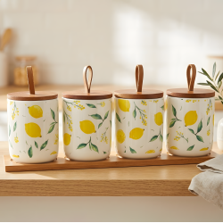 Lemon Pattern Porcelain Jar Set - 4 Pcs